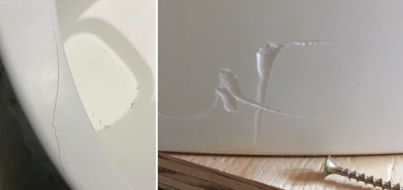 Bathtub with a crack on the rim due to side impact (left) and job side accident caused damage (right)